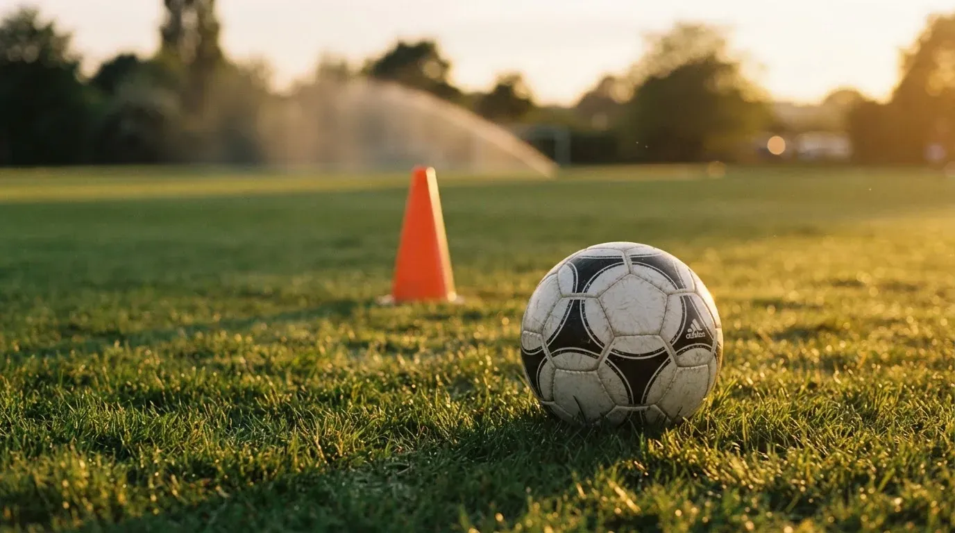 Ein Fußball liegt auf einem Trainingsplatz neben einem orangen Hütchen, Abendlicht fällt flach über den Rasen.