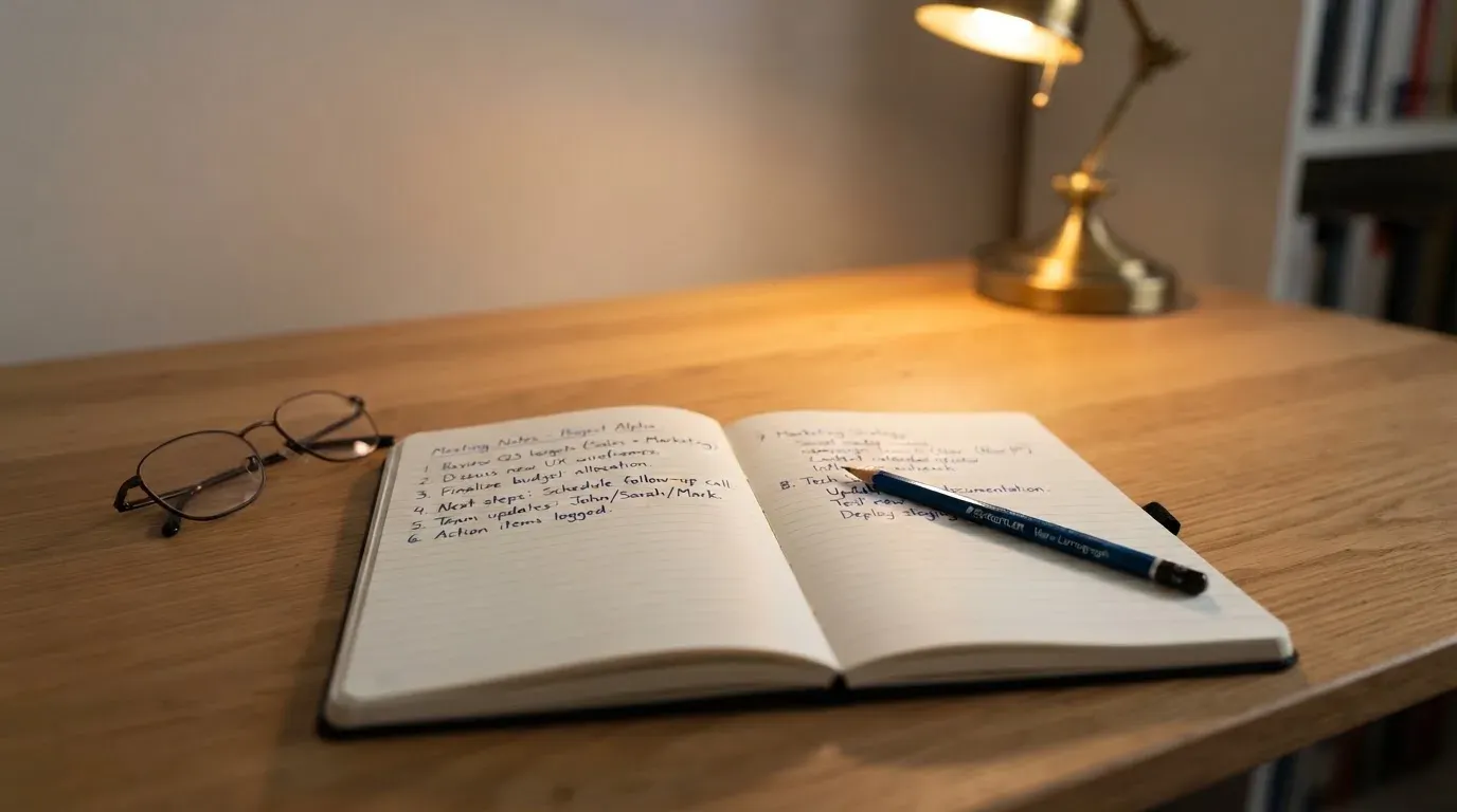 Ein aufgeschlagenes Notizbuch mit handschriftlichen Notizen liegt neben einem Bleistift auf einem Schreibtisch, daneben eine Brille.