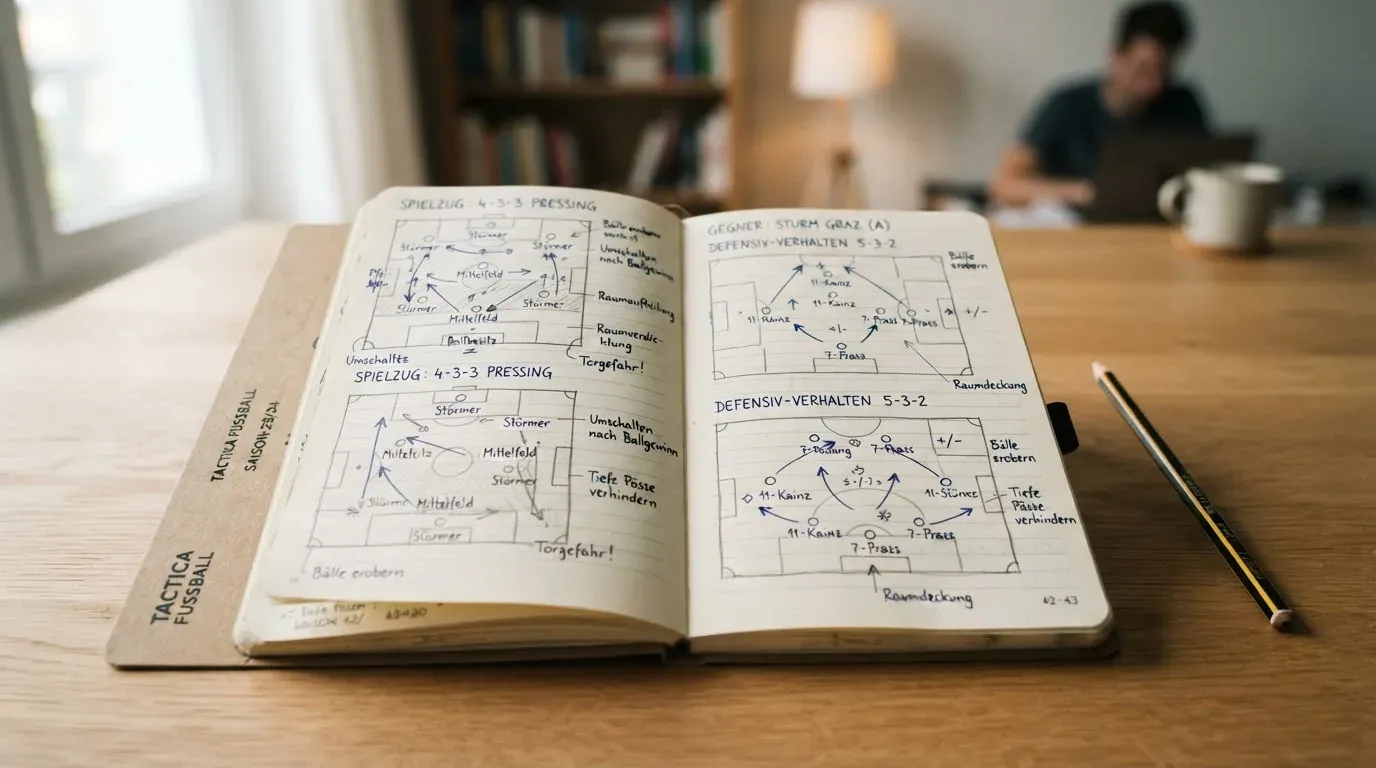 Ein aufgeschlagenes Notizbuch mit handschriftlichen Skizzen und Pfeilen liegt neben einem Bleistift auf einem Holztisch, Tageslicht fällt von der Seite.