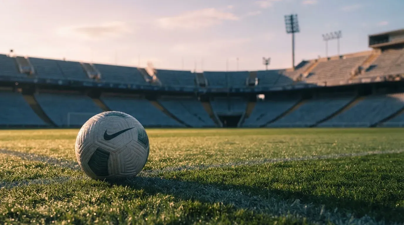 Ein Fußball liegt auf dem Rasen vor einer leeren Tribüne am frühen Morgen, Tau glänzt auf dem Gras.