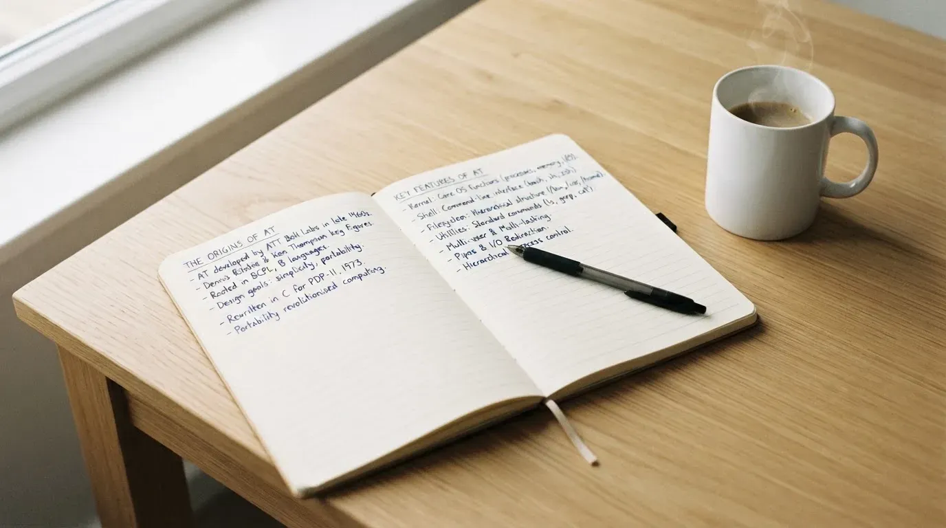 Ein Notizbuch mit handschriftlichen Notizen und ein Kugelschreiber liegen auf einem Schreibtisch neben einer Tasse, Blick schräg von oben.