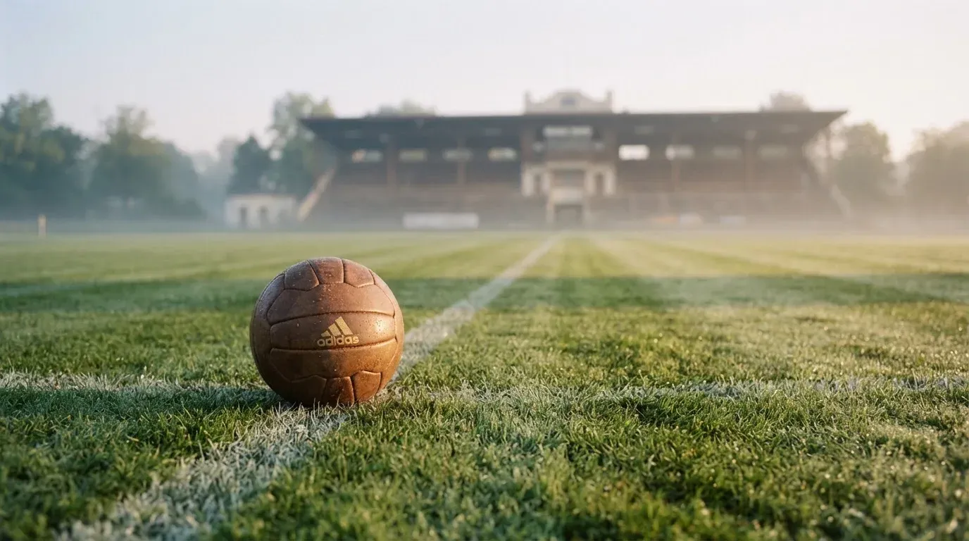 Ein Fußball liegt auf einem Rasenplatz, im Hintergrund eine ferne Tribüne im Morgendunst, Tau glänzt im Gras.
