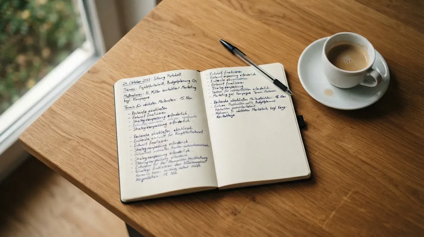 Ein Notizbuch mit handschriftlichen Notizen und ein Kugelschreiber liegen auf einem Schreibtisch neben einer Tasse, Blick schräg von oben.