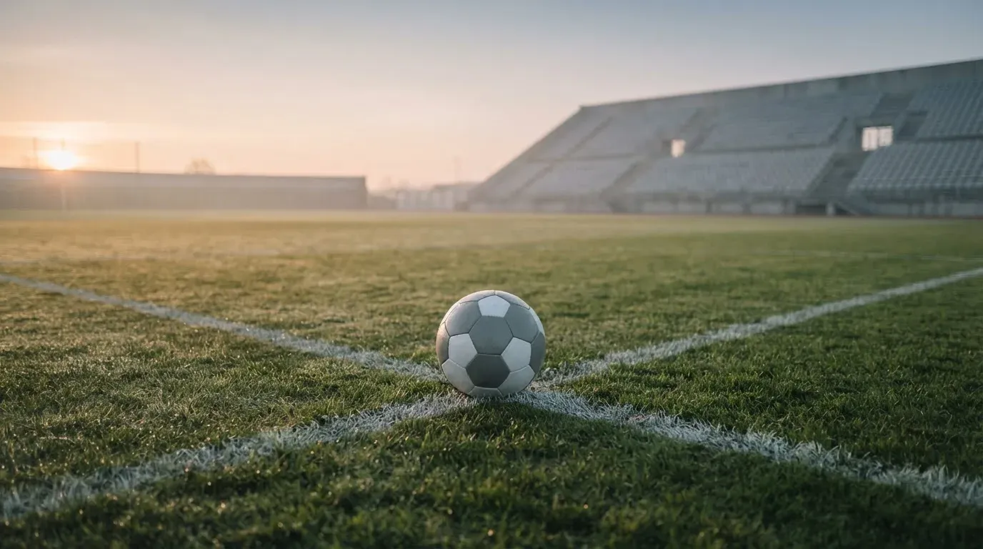 Ein Fußball liegt auf dem Mittelkreis eines leeren Rasenplatzes am frühen Morgen, im Hintergrund eine ferne Tribüne im Dunst.