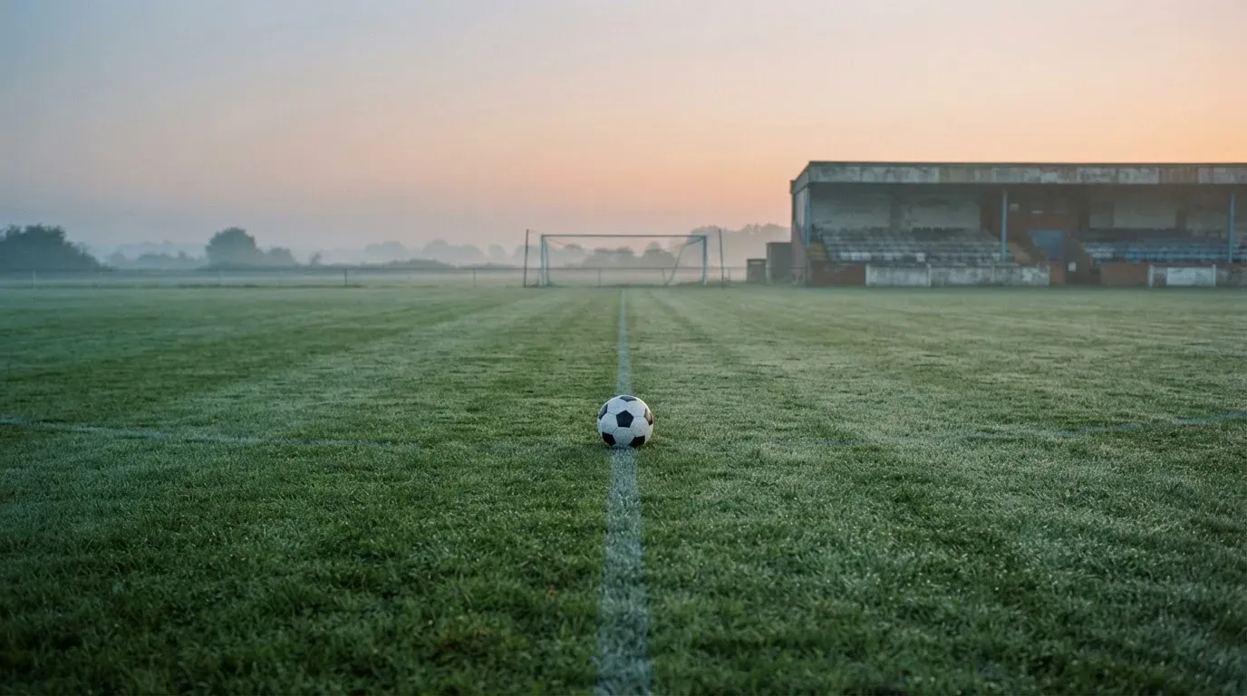 Ein Fußball liegt auf dem Mittelkreis eines leeren Rasenplatzes am frühen Morgen, im Hintergrund eine ferne Tribüne im Dunst.
