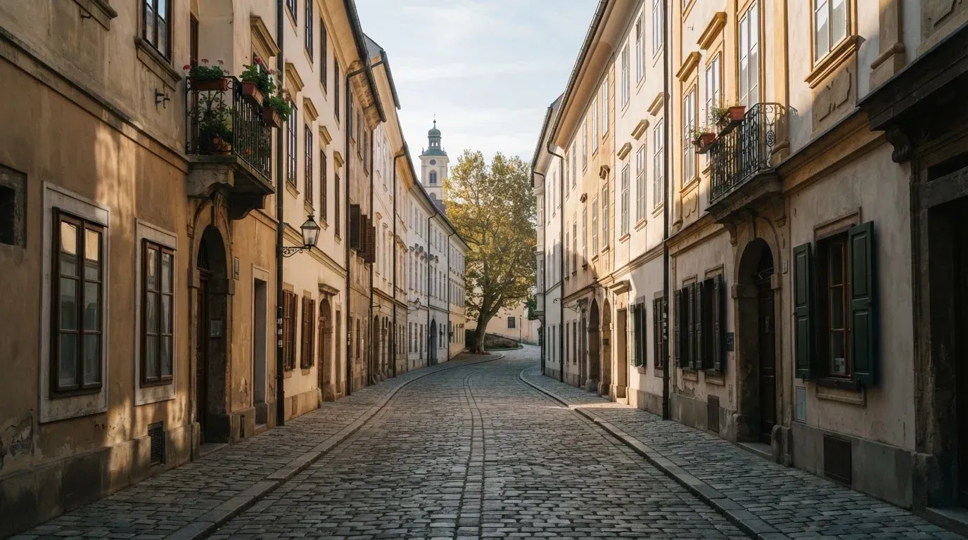Ein ruhiger Straßenzug in einer Altstadt am Vormittag, helle Fassaden, keine Schilder, niemand ist zu sehen.