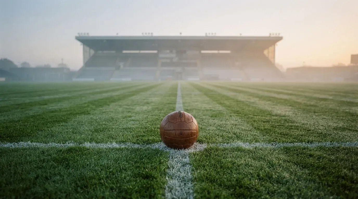 Ein Fußball liegt auf dem Mittelkreis eines leeren Rasenplatzes am frühen Morgen, im Hintergrund eine ferne Tribüne im Dunst.