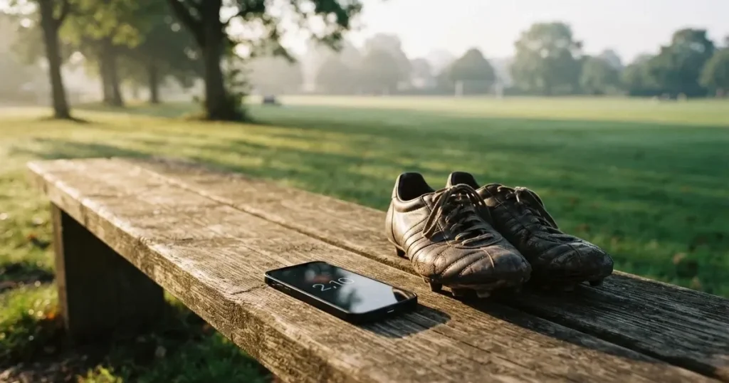 Ein Smartphone mit dunklem Display liegt auf einer Holzbank neben einem Paar Fußballschuhen, Morgenlicht fällt durch ein Fenster.