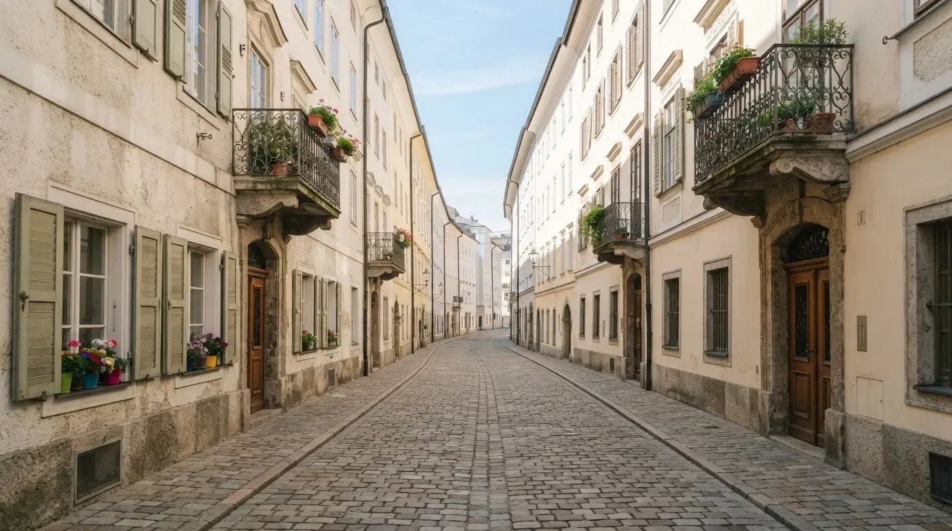 Ein ruhiger Straßenzug in einer Altstadt am Vormittag, helle Fassaden, keine Schilder, niemand ist zu sehen.