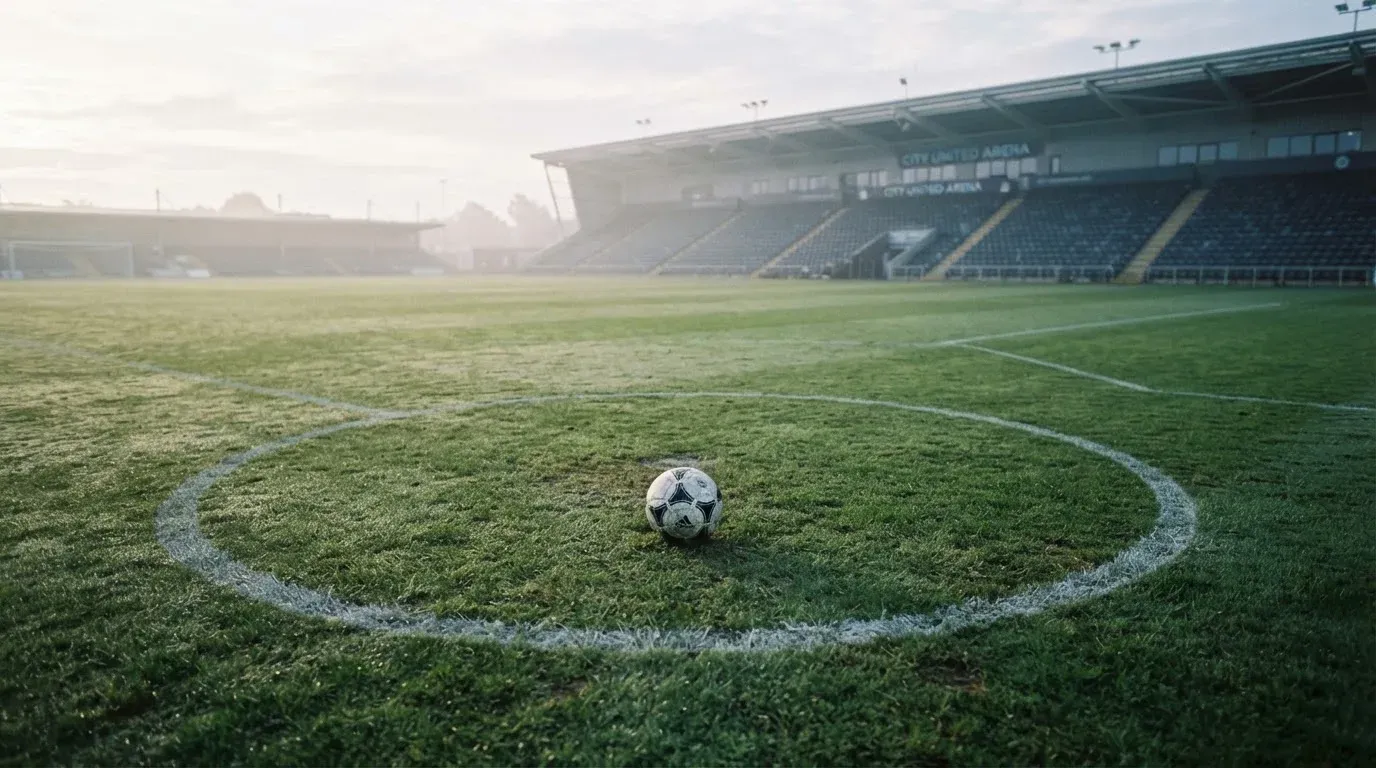 Ein Fußball liegt auf dem Mittelkreis eines leeren Rasenplatzes am frühen Morgen, im Hintergrund eine ferne Tribüne im Dunst.