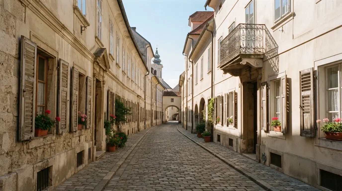 Ein ruhiger Straßenzug in einer Altstadt am Vormittag, helle Fassaden, keine Schilder, niemand ist zu sehen.