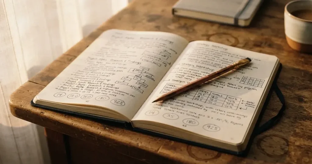 Ein Notizbuch mit handschriftlichen Notizen und kleinen Skizzen liegt aufgeschlagen neben einem Bleistift auf einem Schreibtisch, Fensterlicht von links.