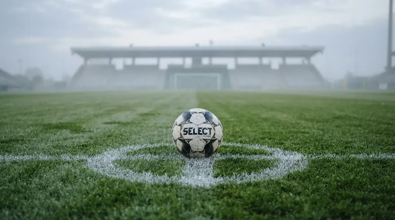 Ein Fußball liegt auf dem Anstoßpunkt eines leeren Rasenplatzes im Morgendunst, im Hintergrund eine ferne Tribüne.