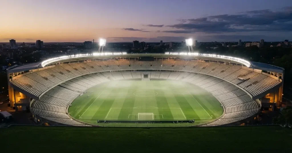 Ein Stadion unter Flutlicht aus der Ferne am Abend, hell erleuchtet, Nebel liegt über dem Rasen.