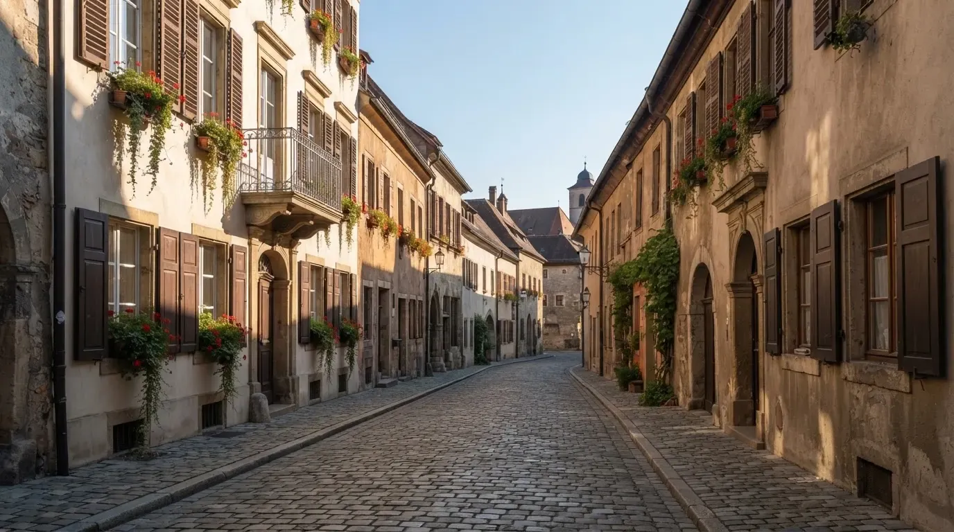 Ein ruhiger Straßenzug in einer Altstadt am Vormittag, helle Fassaden, keine Schilder, niemand ist zu sehen.