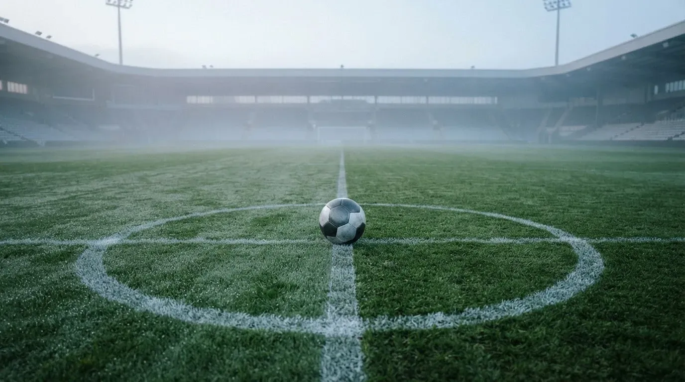 Ein Fußball liegt auf dem Anstoßpunkt eines leeren Rasenplatzes im Morgennebel, im Hintergrund verschwimmen die Tribünen.