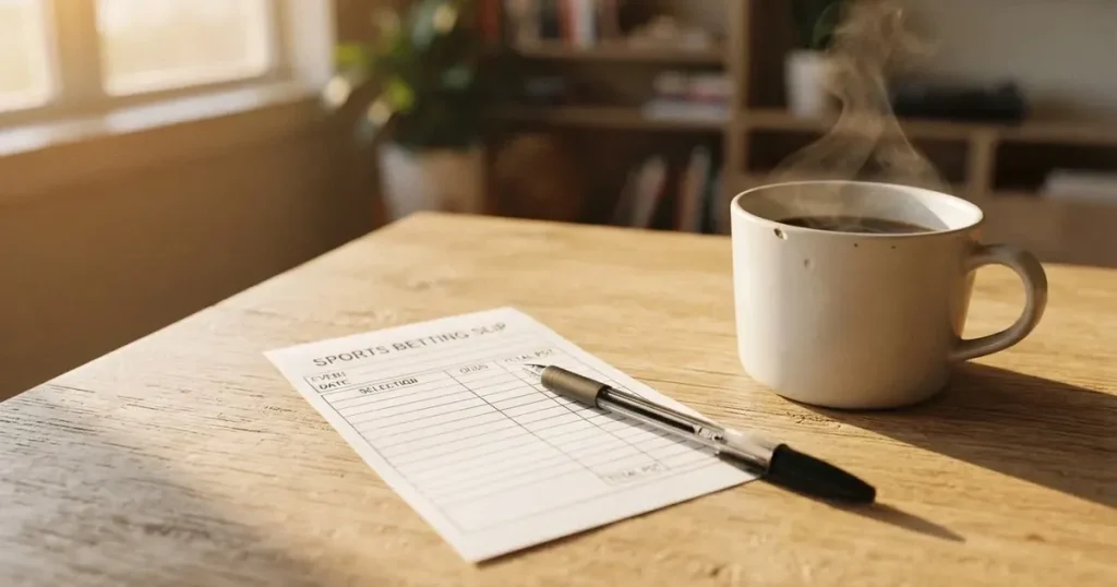 Ein leerer Wettschein aus Papier und ein Kugelschreiber liegen auf einem hellen Holztisch neben einer Kaffeetasse im warmen Seitenlicht.