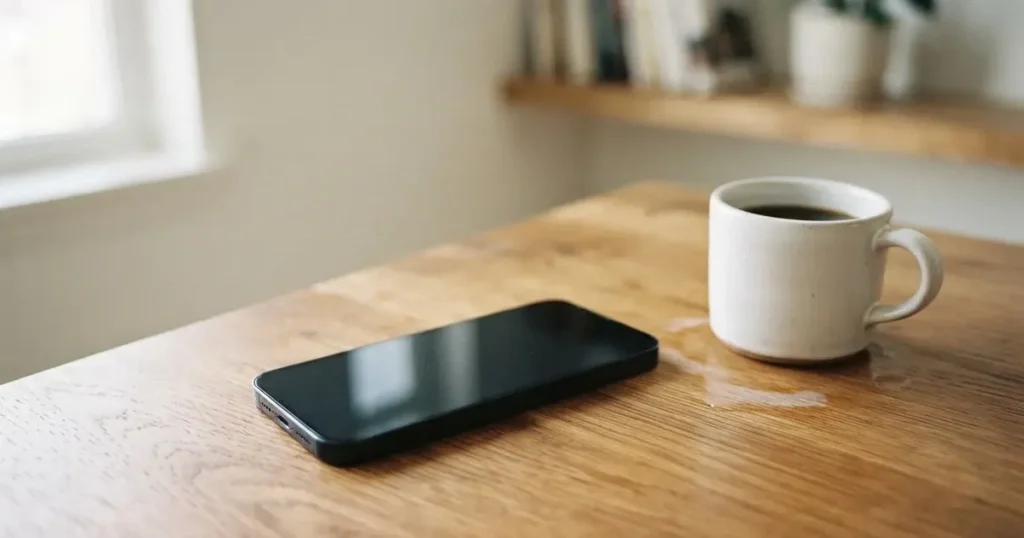 Ein Smartphone mit dunklem Display liegt auf einem Holztisch neben einer Kaffeetasse, Tageslicht fällt von der Seite ein.