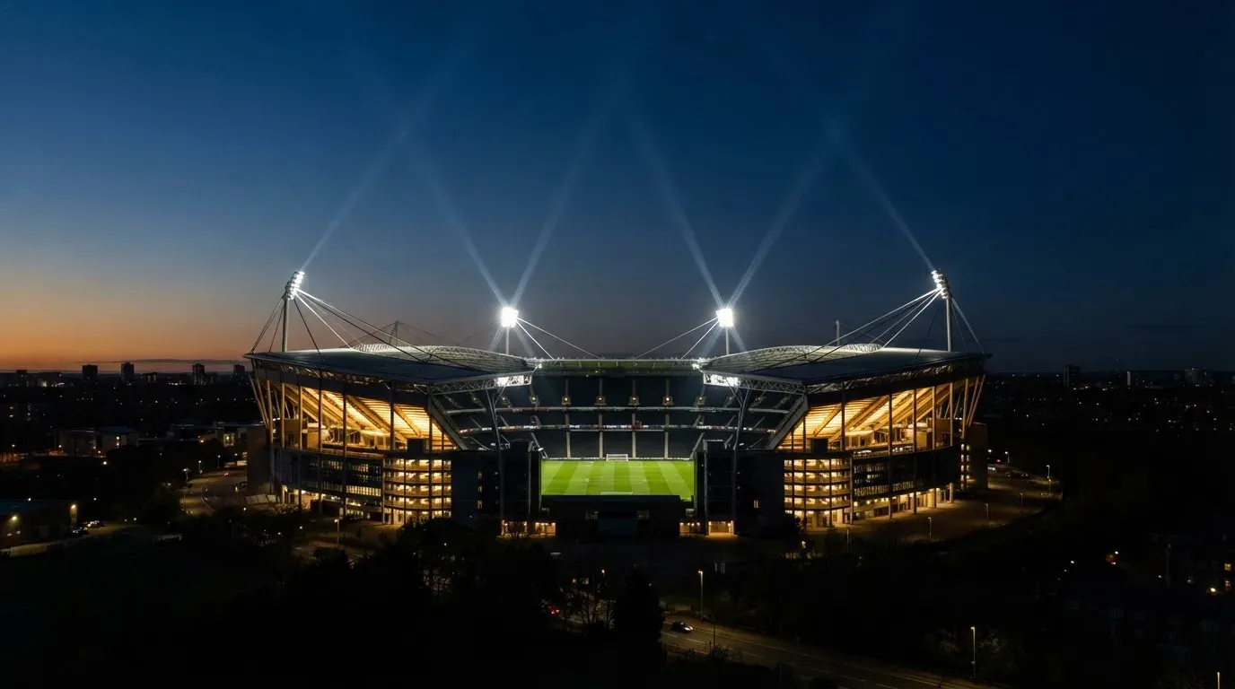 Ein Stadion unter Flutlicht aus großer Entfernung gesehen, der Himmel darüber ist tiefblau.