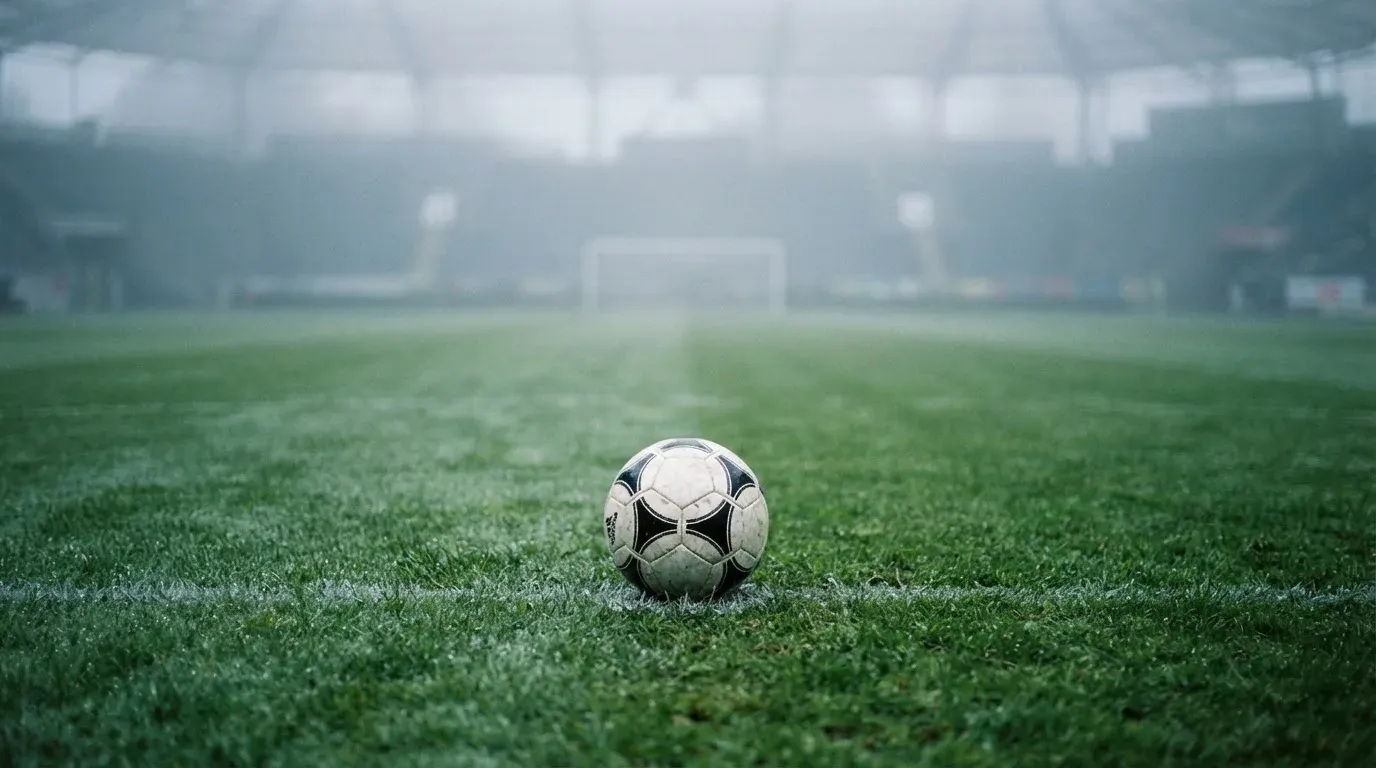 Ein Fußball liegt auf dem Rasen eines leeren Platzes im Morgennebel, im Hintergrund verschwimmen die Tribünen.
