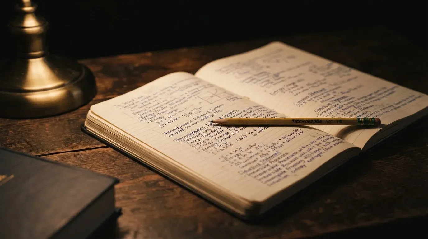 Ein aufgeschlagenes Notizbuch mit handschriftlichen Notizen und ein Bleistift liegen auf einem Schreibtisch im Licht einer Lampe.