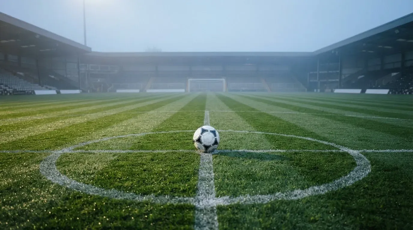 Ein Fußball liegt auf dem Anstoßpunkt eines leeren Rasenplatzes im Morgennebel.