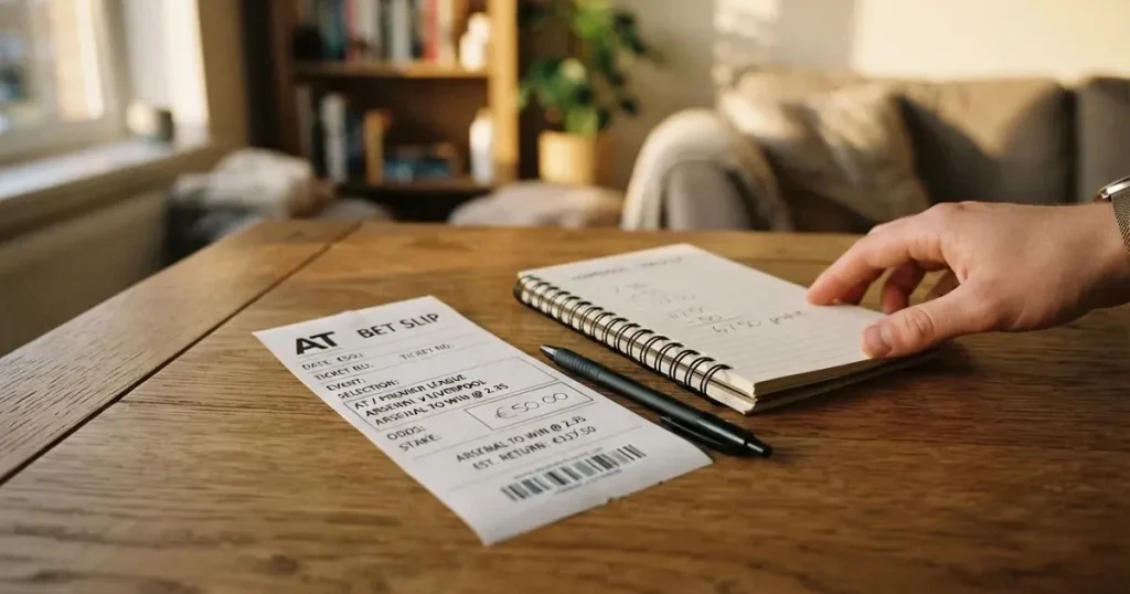 Ein leerer Wettschein aus Papier und ein Kugelschreiber liegen auf einem Holztisch, daneben ein kleiner Taschenrechner im Seitenlicht.