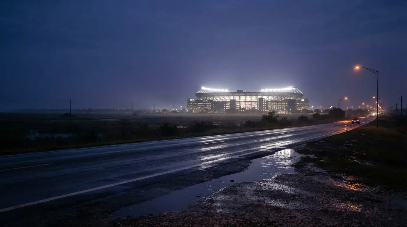 Ein Stadion unter Flutlicht aus großer Entfernung gesehen, davor eine regennasse Straße in der Dämmerung.