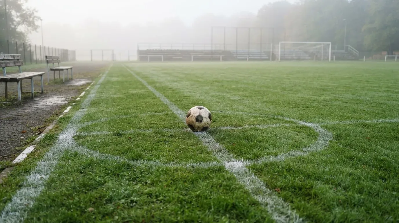 Ein Fußball liegt auf dem Rasen eines leeren Platzes im Morgennebel, am Rand stehen unbesetzte Ersatzbänke.