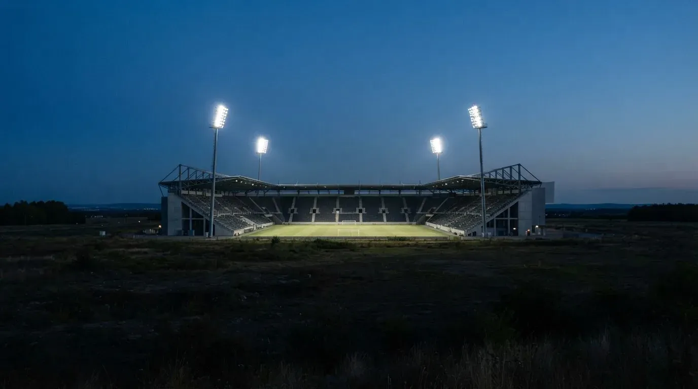 Ein Stadion unter Flutlicht aus großer Entfernung gesehen, der Himmel darüber ist tiefblau.