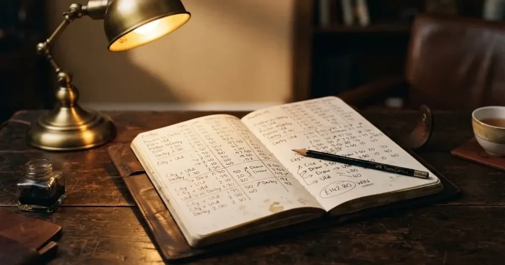 Ein aufgeschlagenes Notizbuch mit handschriftlichen Notizen und ein Bleistift liegen auf einem Schreibtisch im Licht einer Lampe.
