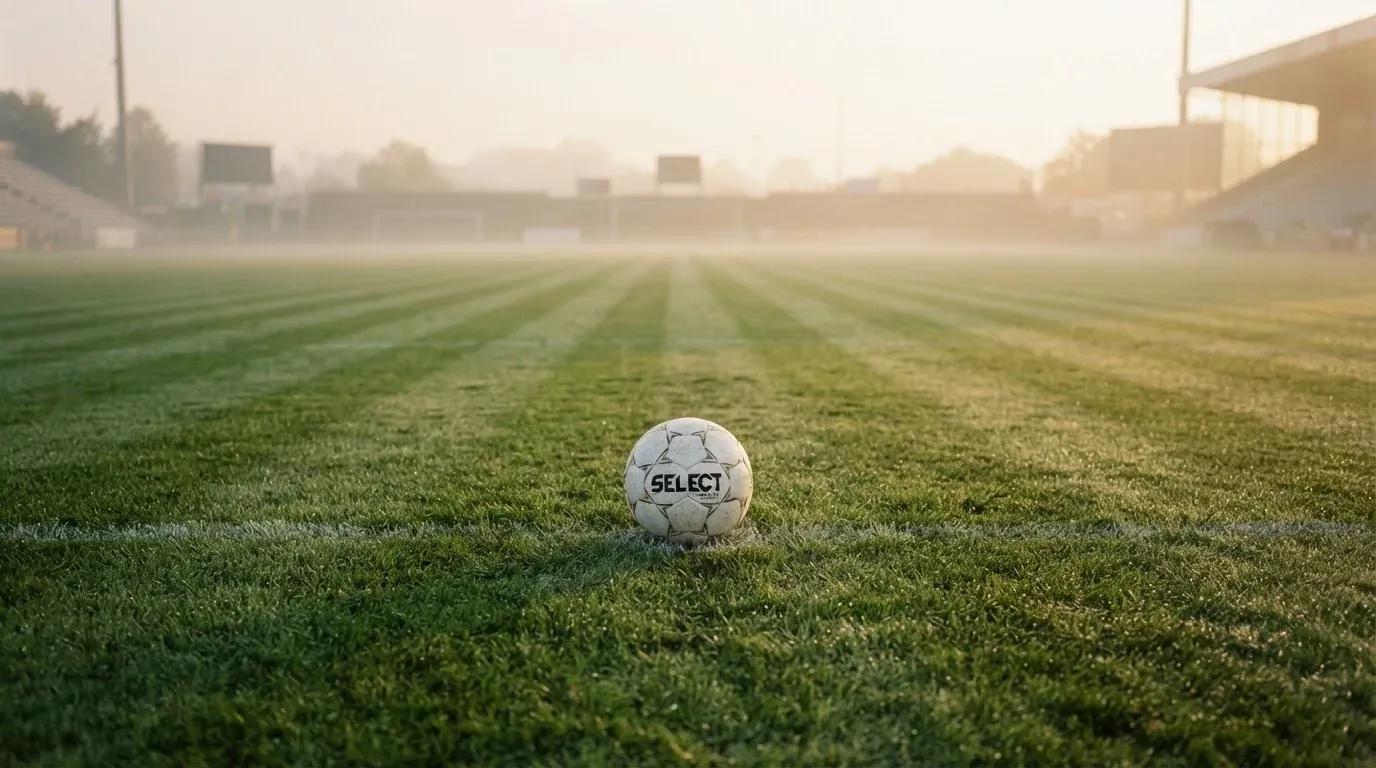 Ein Fußball liegt auf dem Anstoßpunkt eines leeren Rasenplatzes im Morgennebel.