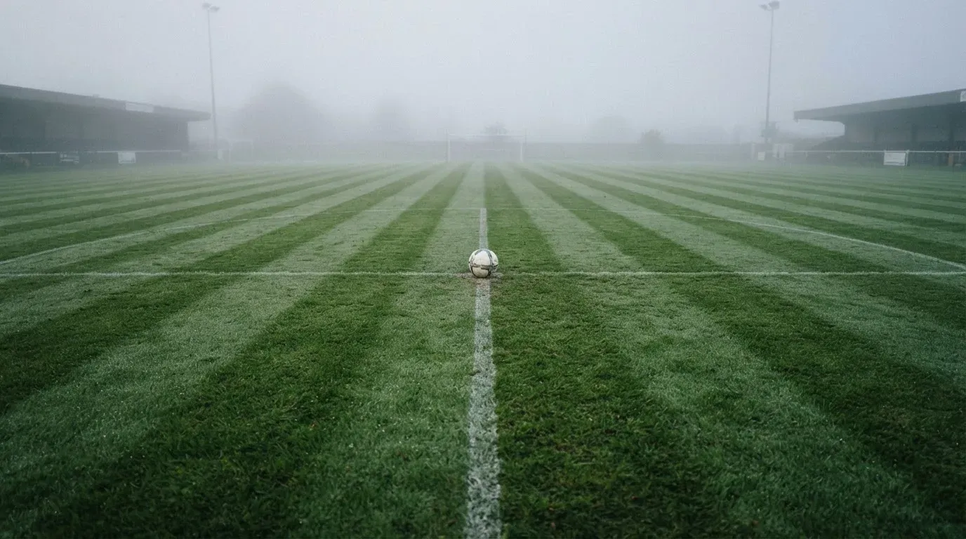 Ein Fußball liegt auf dem Anstoßpunkt eines leeren Rasenplatzes im Morgennebel.