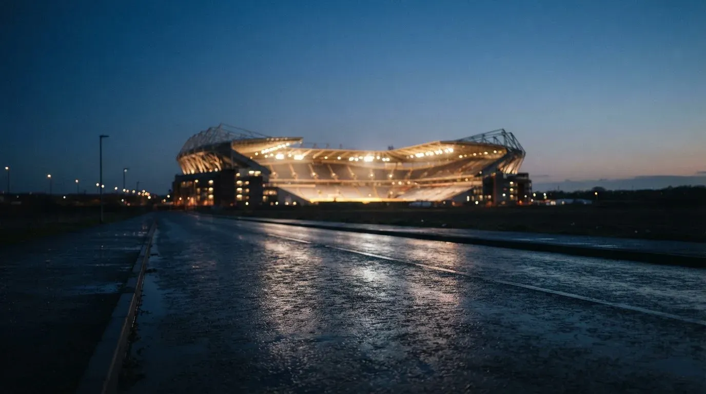 Ein Stadion unter Flutlicht aus großer Entfernung gesehen, davor eine regennasse Straße in der Dämmerung.