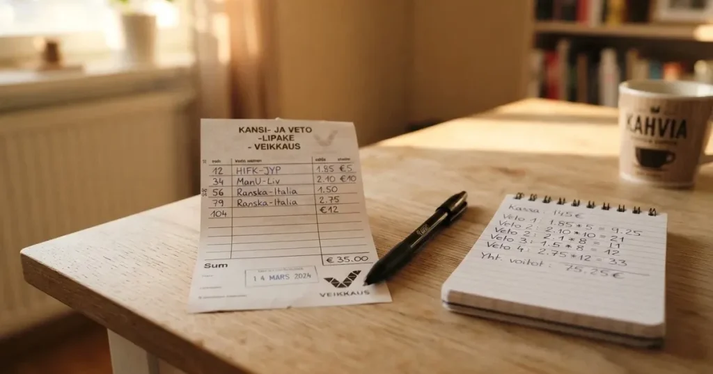 Ein leerer Wettschein aus Papier und ein Kugelschreiber liegen auf einem hellen Holztisch, daneben steht ein kleiner Taschenrechner.
