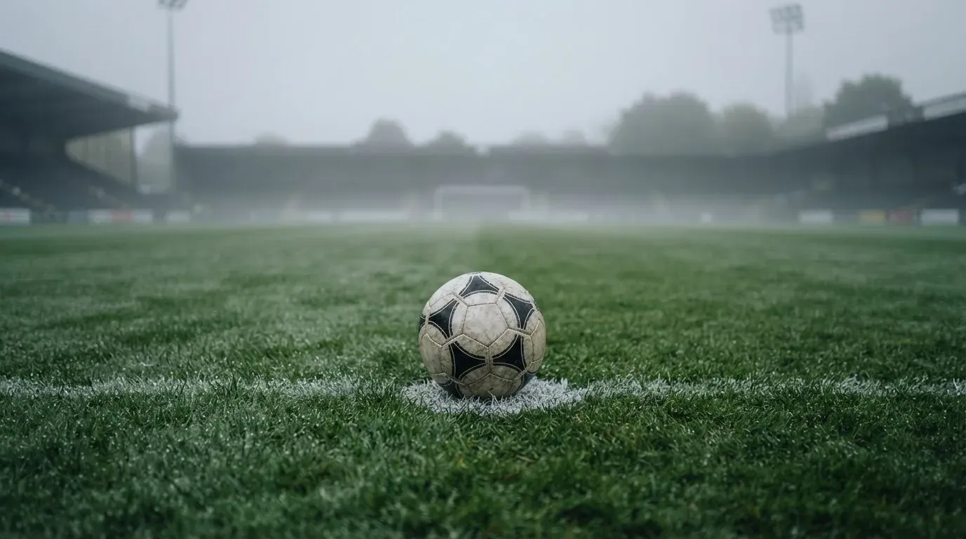 Ein Fußball liegt auf dem Anstoßpunkt eines leeren Rasenplatzes im Morgennebel.