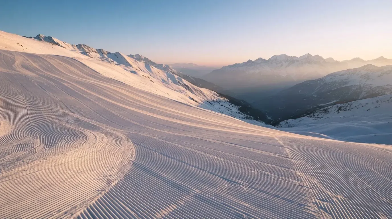 Eine Skipiste im winterlichen Streiflicht, die Spuren der Pistenraupe ziehen sich ruhig den Hang hinab.