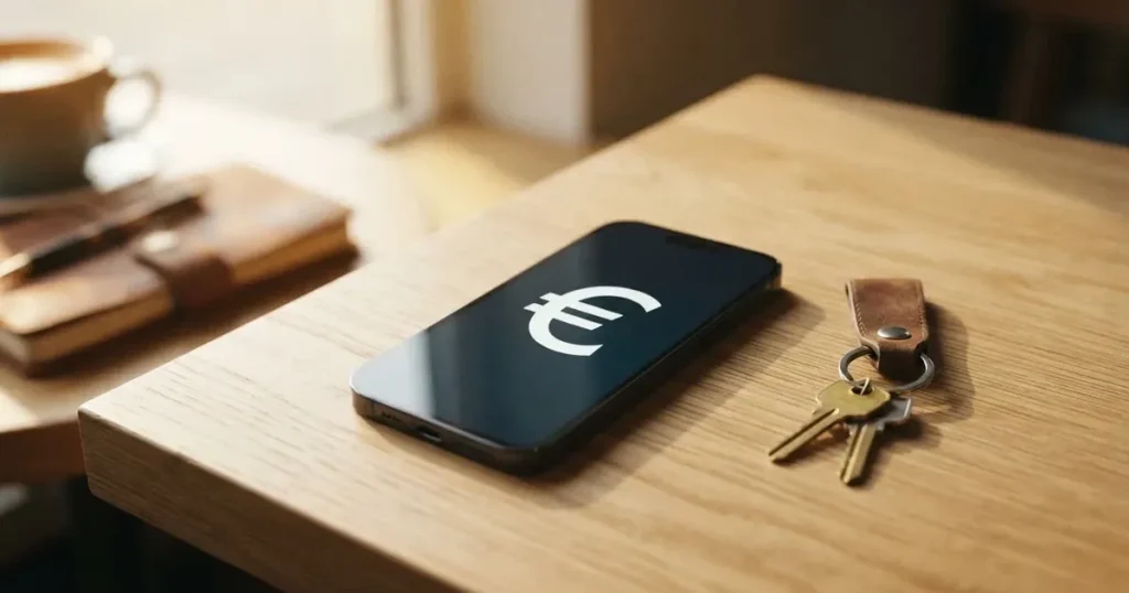 Ein Smartphone mit dunklem Display liegt auf einem hellen Tisch neben einem Schlüsselbund, Tageslicht fällt von der Seite ein.