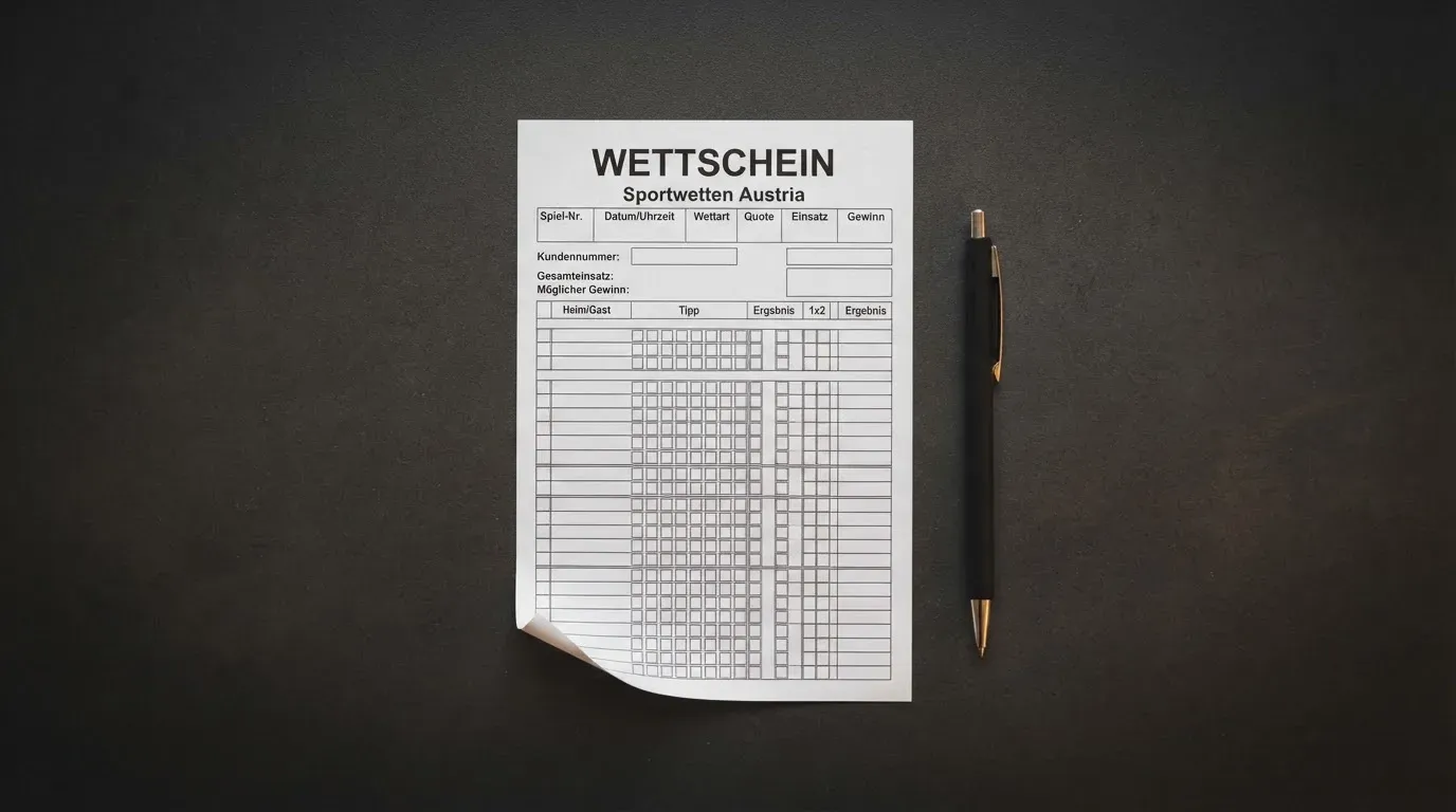 Ein leerer Wettschein aus Papier liegt neben einem Kugelschreiber auf einer dunklen Tischplatte.