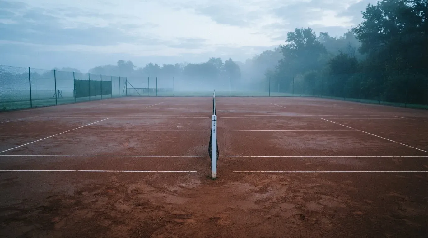 Ein Tennisplatz aus Sand liegt menschenleer im ersten Licht der Morgendämmerung, die Netze hängen still.