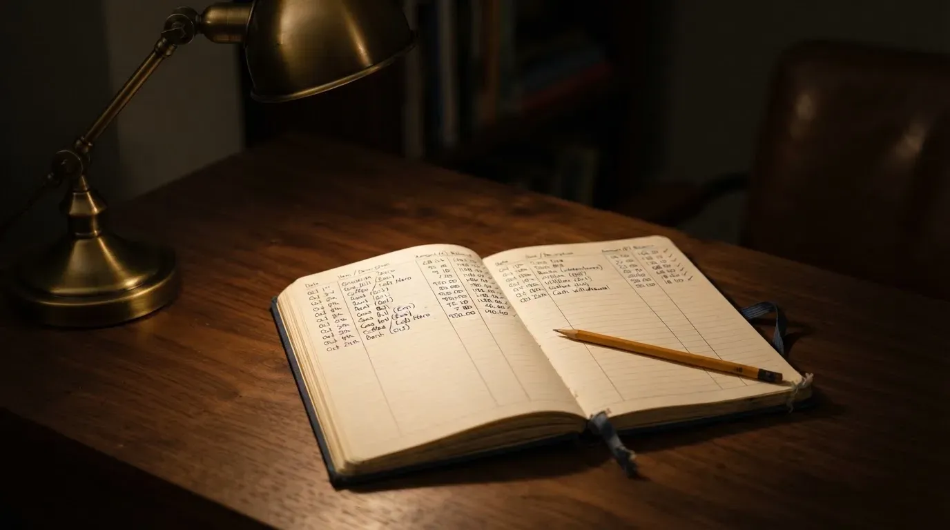 Ein aufgeschlagenes Notizbuch mit handschriftlichen Notizen und ein Bleistift liegen auf einem Schreibtisch im Licht einer Lampe.