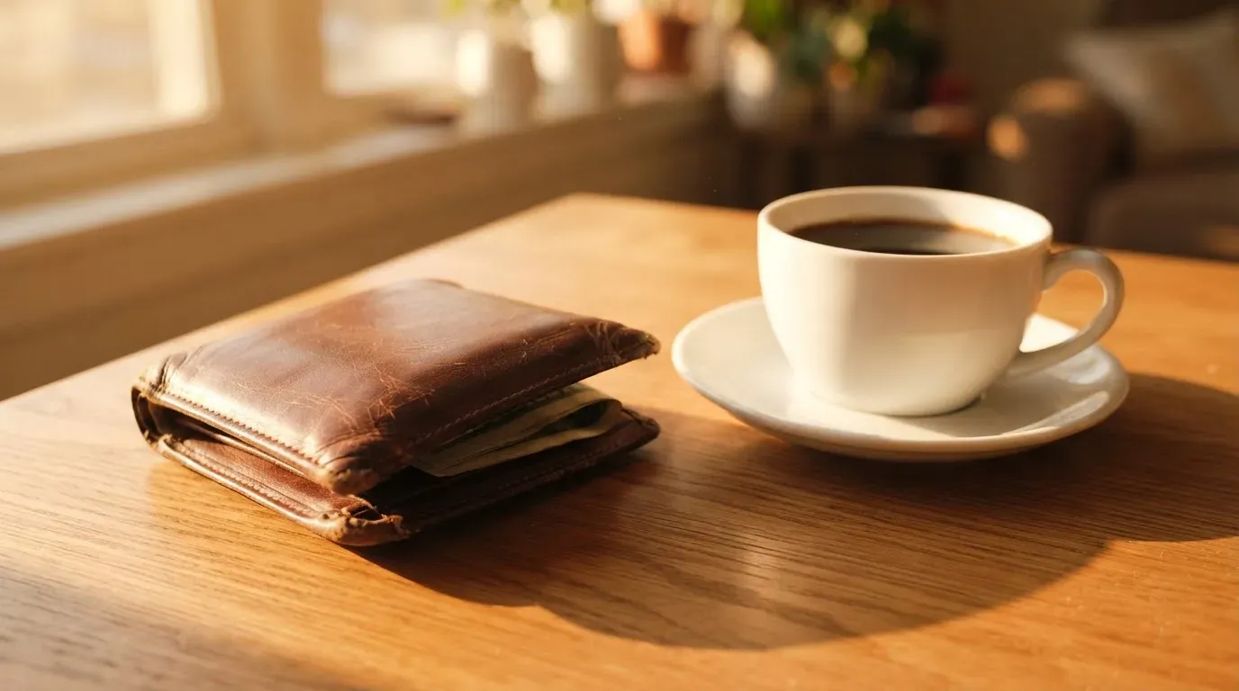 Ein Portemonnaie aus Leder liegt geschlossen auf einem Holztisch neben einer Kaffeetasse im warmen Seitenlicht.