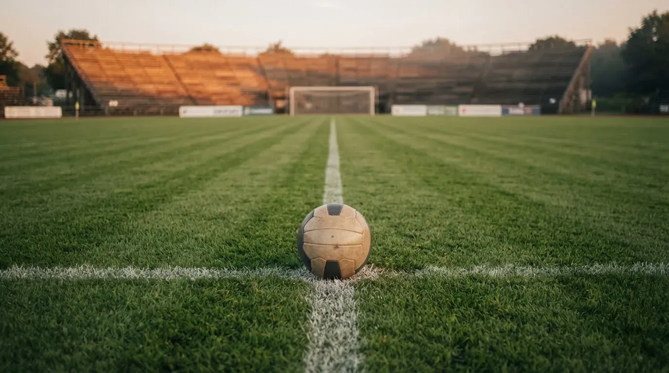 Ein Fußball liegt auf dem Anstoßpunkt eines leeren Rasenplatzes, im Hintergrund eine menschenleere Tribüne im weichen Abendlicht.