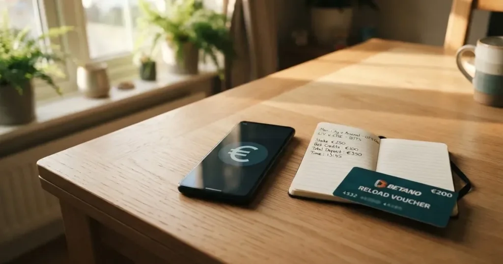 Ein Smartphone mit dunklem Display liegt neben einem Notizbuch und ein paar Euro-Münzen auf einem hellen Holztisch im Morgenlicht.