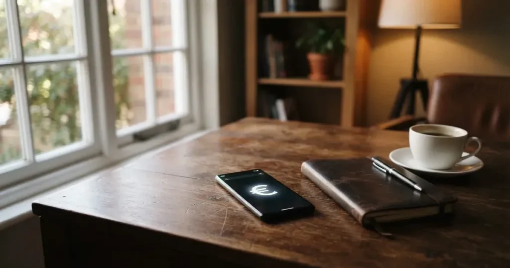 Ein Smartphone mit dunklem Display liegt neben einem Notizbuch und einer Kaffeetasse auf einem Schreibtisch im Licht eines Fensters.