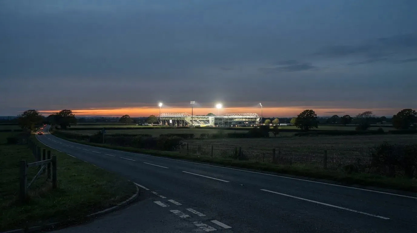 Ein Stadion unter Flutlicht aus großer Entfernung, davor Felder und eine ruhige Straße in der Dämmerung.