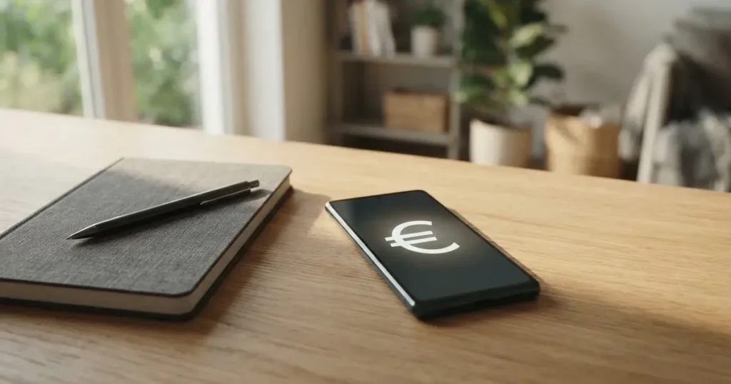 Ein Smartphone mit dunklem Display liegt auf einem Holztisch neben einem Notizbuch, durch das Fenster fällt klares Morgenlicht.
