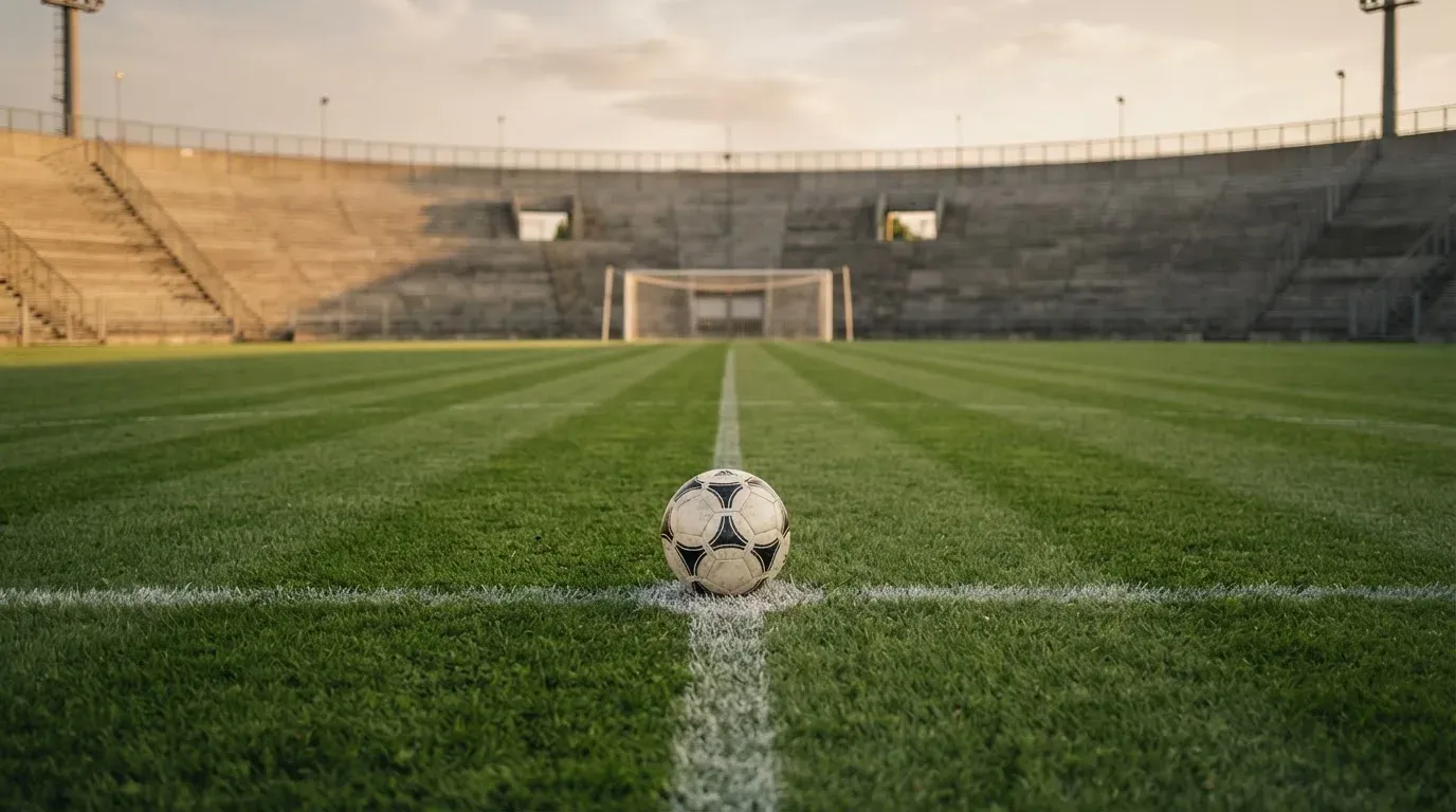 Ein Fußball liegt auf dem Anstoßpunkt eines leeren Rasenplatzes, dahinter eine menschenleere Tribüne im weichen Abendlicht.