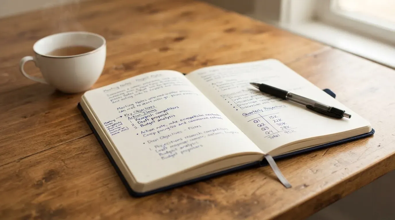 Ein aufgeschlagenes Notizbuch mit handgeschriebenen Notizen und ein Kugelschreiber liegen auf einem Schreibtisch neben einer Tasse Tee.