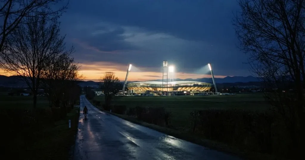 Ein Stadion unter Flutlicht aus großer Entfernung gesehen, davor eine dunkle Landstraße und einzelne Bäume in der Abenddämmerung.